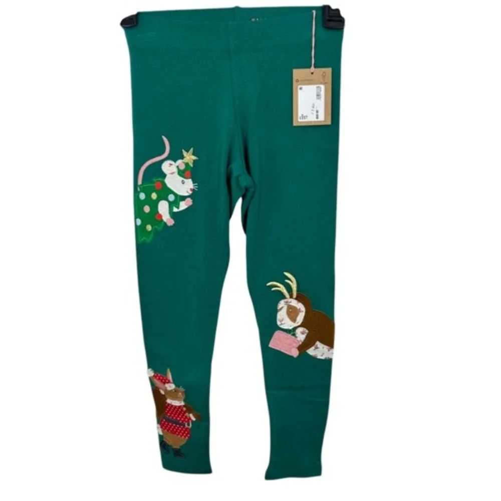 Mini Boden Girls Green Christmas Animal Applique Leggings Size‎ 7-8 NWT Holiday